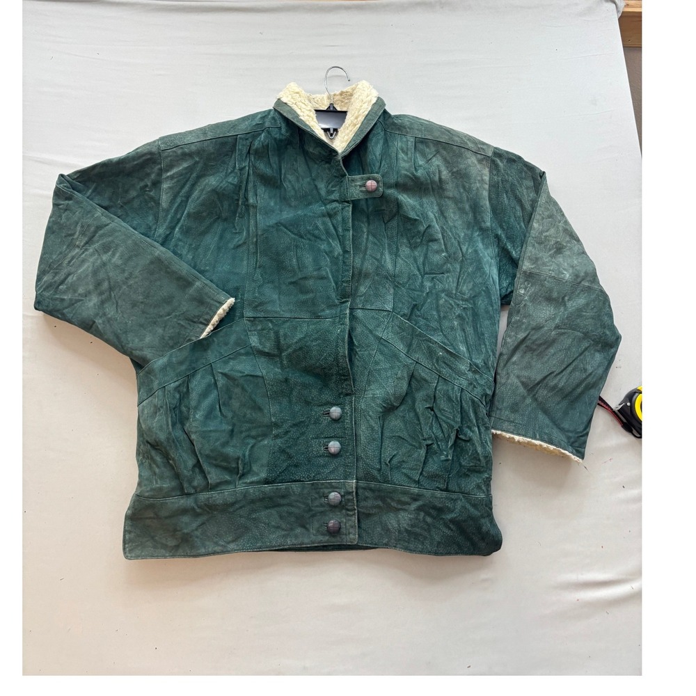 Miss Astor Vintage Green Suede Leather Faux Shearling Lined Bomber Jacket Small